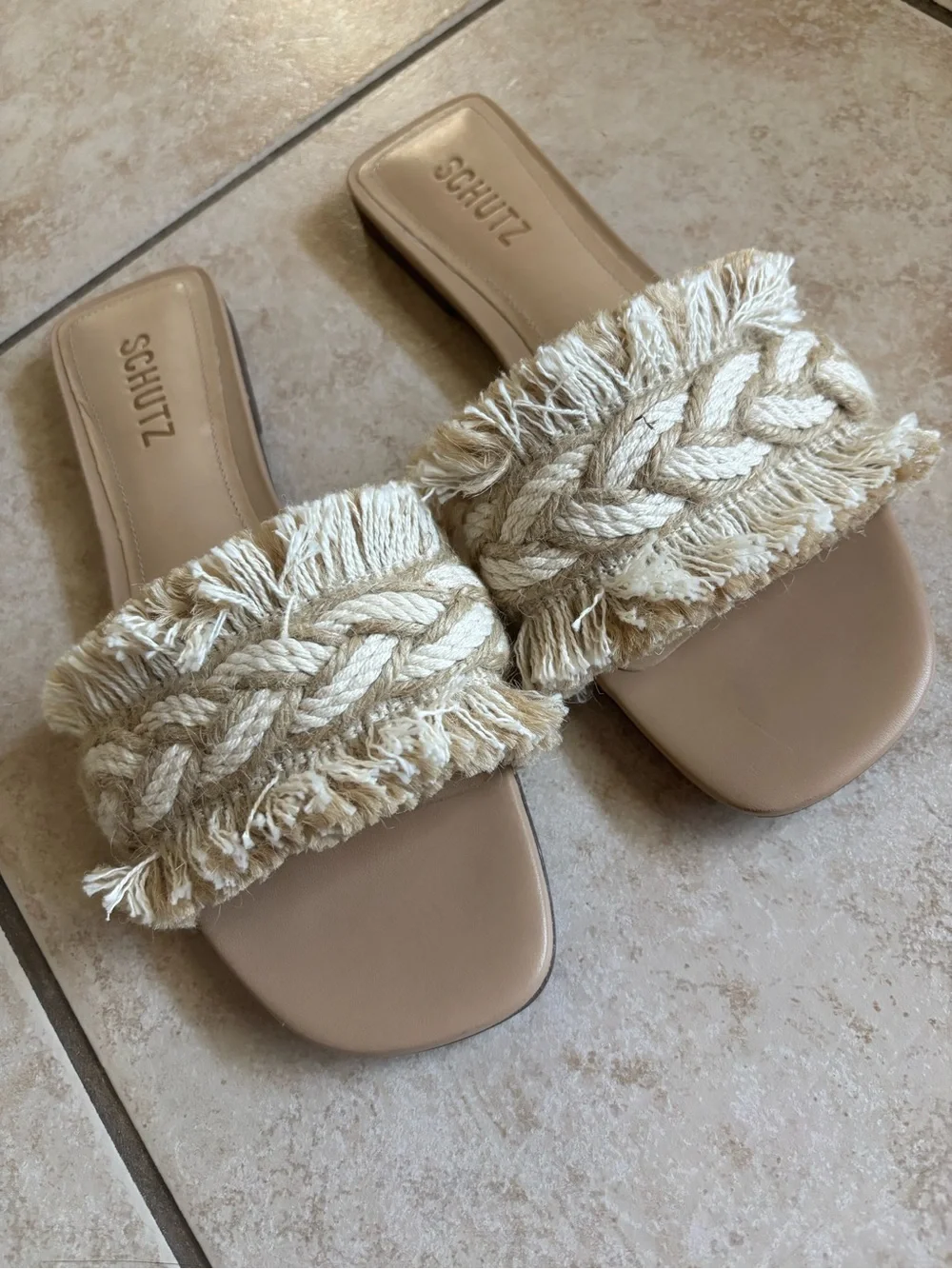 SCHUTZ Beige Braided Fringe Sandals